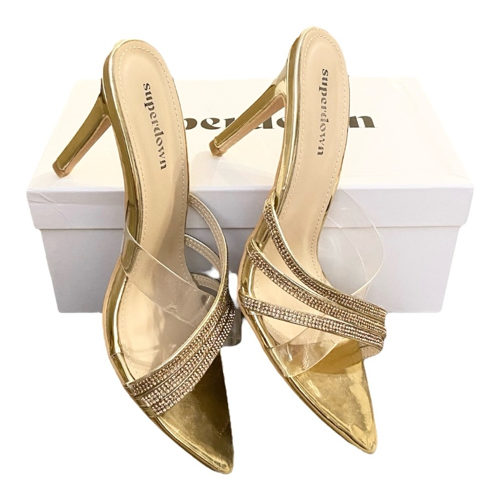 Superdown Lynn Stiletto Heel Slip On Sandal Gold Metallic Crystals Size 9